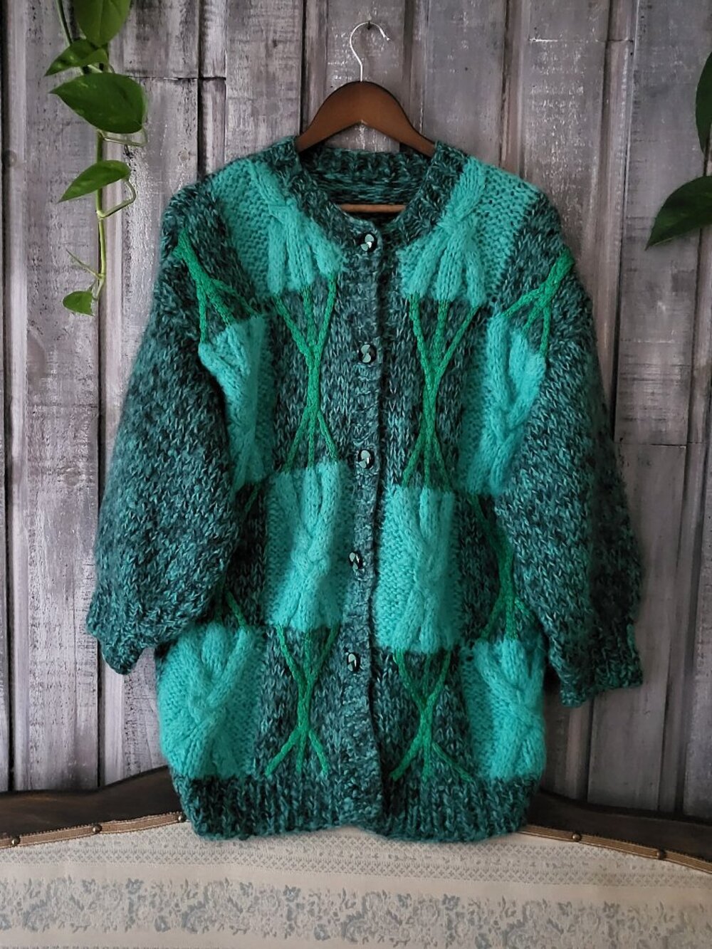 Vintage Handmade Chunky Knit Green Patchwork Diamond Grandma Cardigan